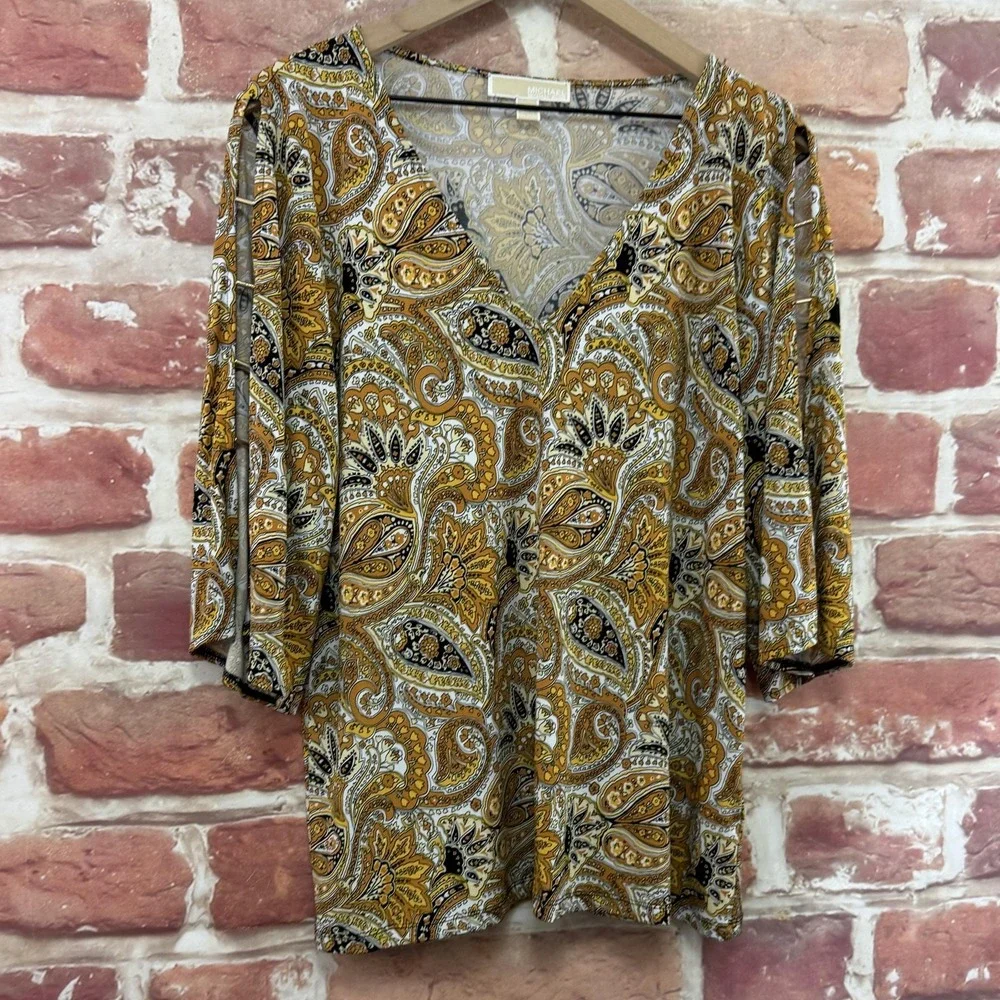 Michael Kors Top Women's L Yellow Boho Floral Metal Lattice Logo Sleeve Shirt